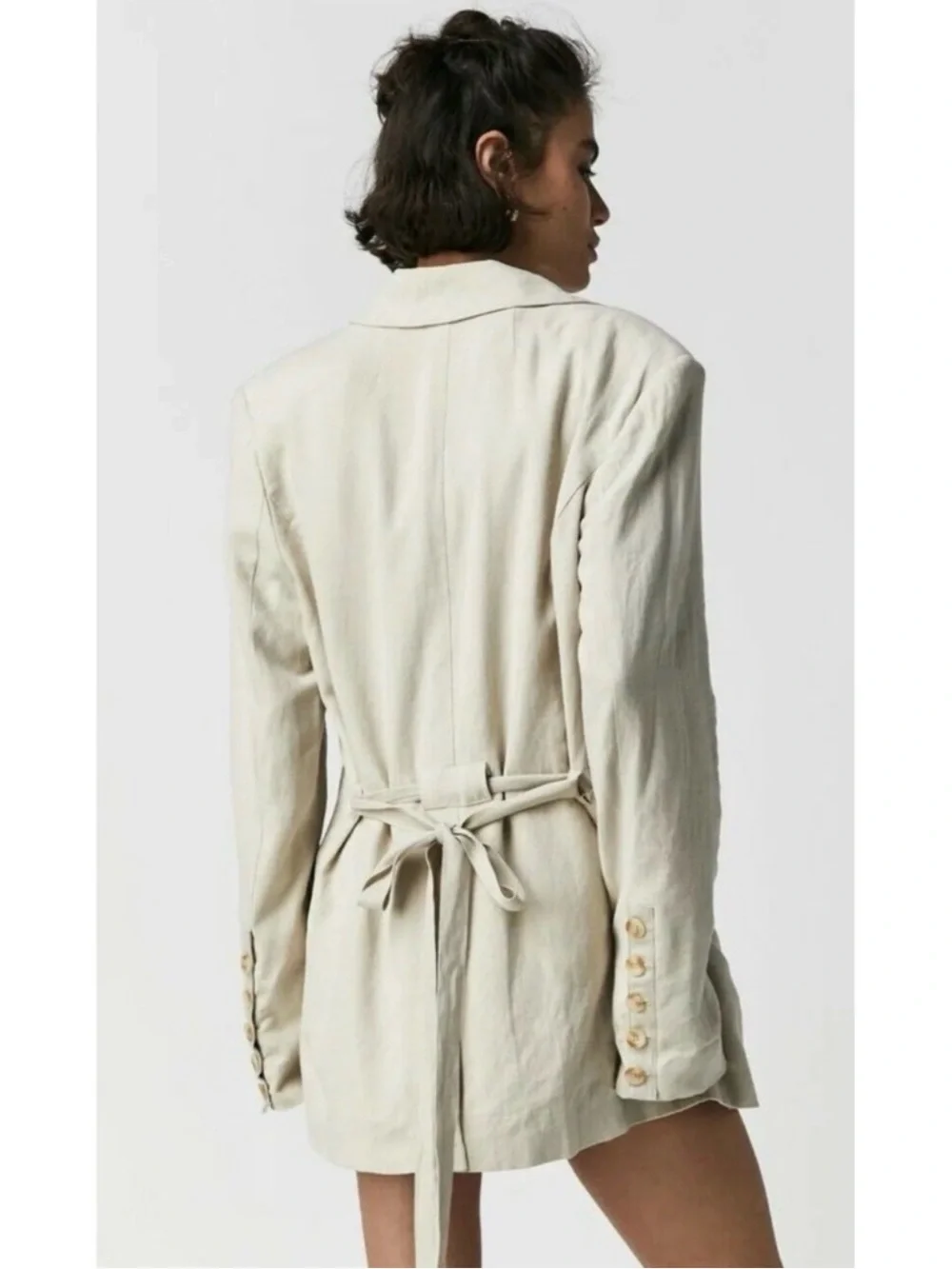 Free People Olivia Tie Front Blazer Neutral XS Linen Oversized Double Breasted